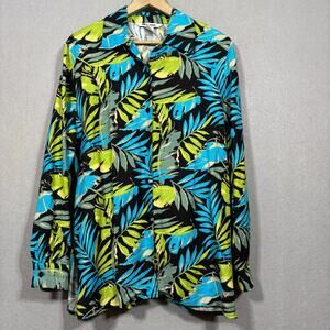 Nygard Collection Womens Tropical Linen Blend Top Sz 10 Long Sleeve Leaf Bold